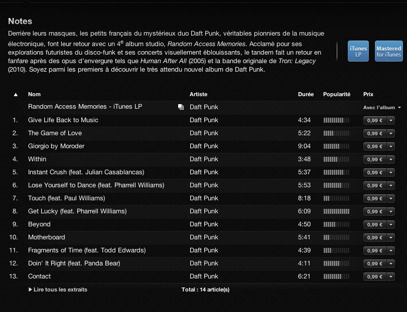 Nouveau Daft Punk sur iTunes