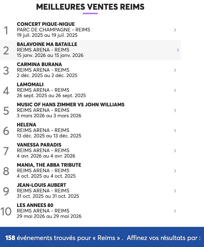 Classement Ticketmaster Reims – Balavoine Ma Bataille 2e position
